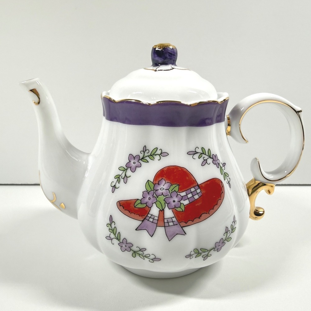 Vintage Teapot Red Hat Society Floral Purple Gold Trim Tea Party Decor Gift - Picture 4 of 11